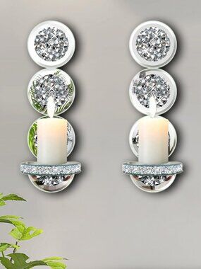 Set of 2 Crystal Crush Diamond Mirrored Candle Sconces